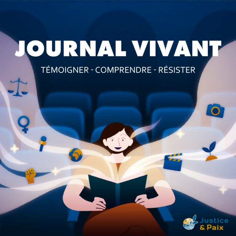 Illustration d’une jeune femme assise dans une salle, lisant un journal d’où émergent des icônes de micro, musique, photos et plantes, symbolisant le Journal Vivant à Bruxelles.